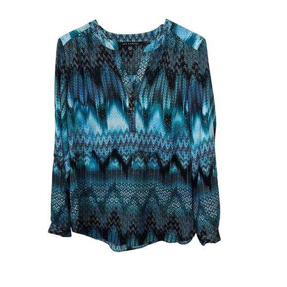 Zac & Rachel Popover Blouse Womens XL Blue Black Geometric Colorful Chevron Top - Picture 1 of 7